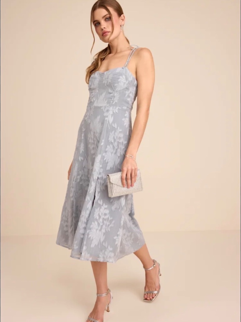 Lulu’s Loveliest Looks Dusty Blue Floral Jacquard Tie-strap Midi Dress